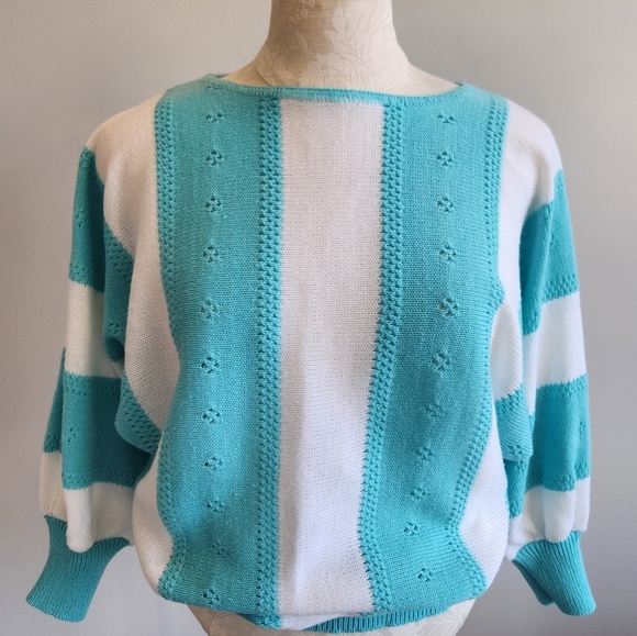 80s Vintage SEARS Teal and White Women's Knit Top 3/4 Length Sleeve Sweater - Picture 2 of 12